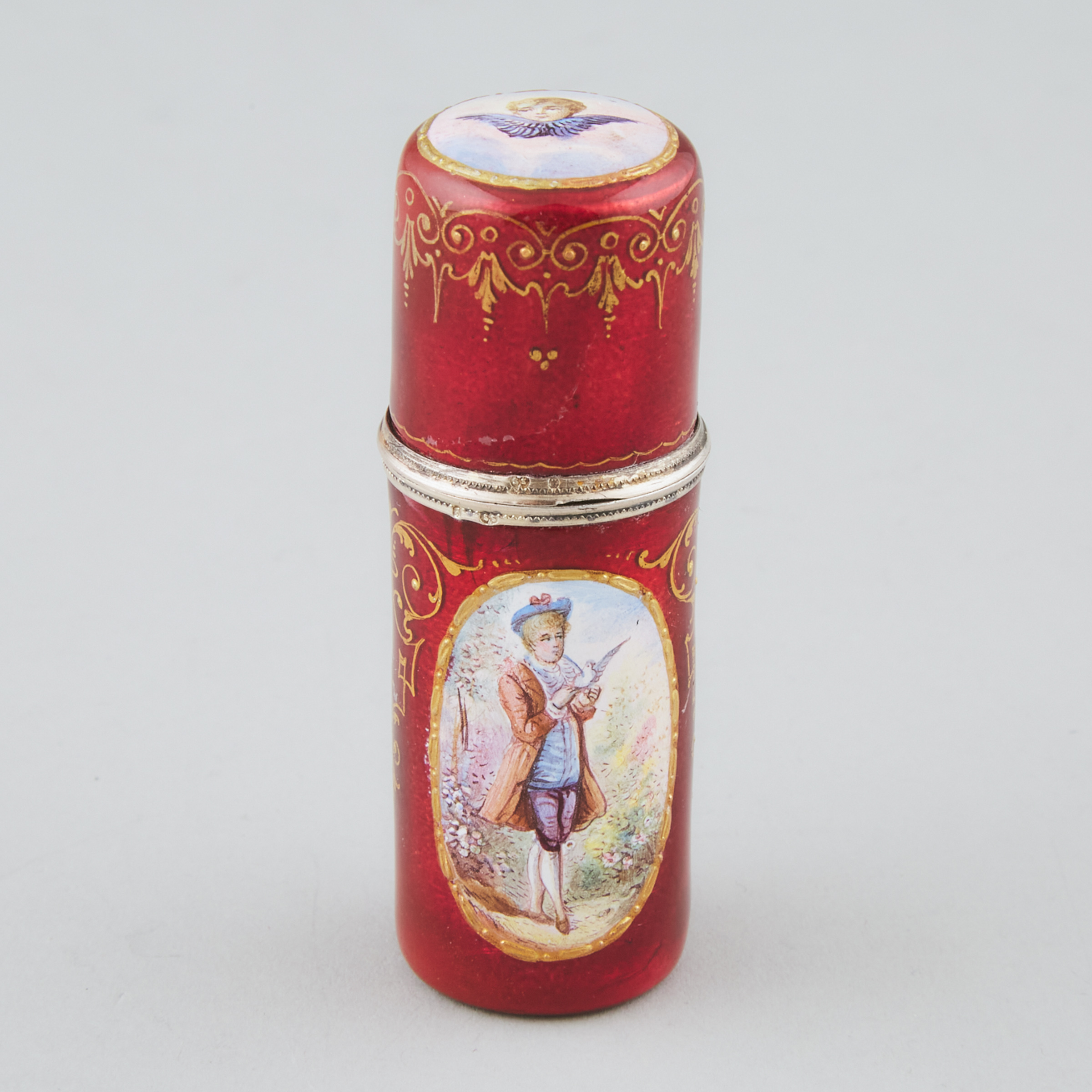 Viennese Silver and Painted Translucent Red Enamel Cylinder Shaped Vinaigrette, c.1900
