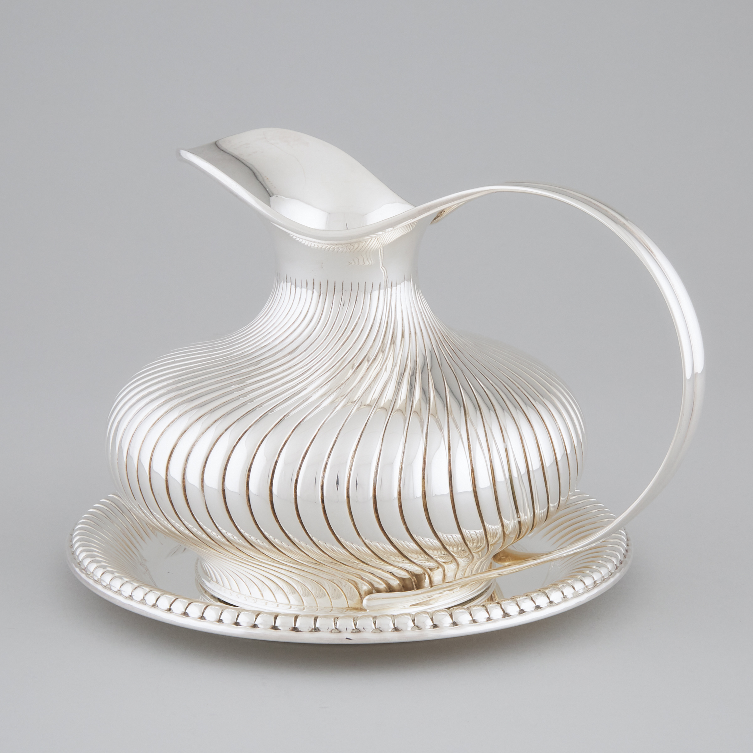 Italian Silver Wrythen Fluted Jug and Stand, 20th century