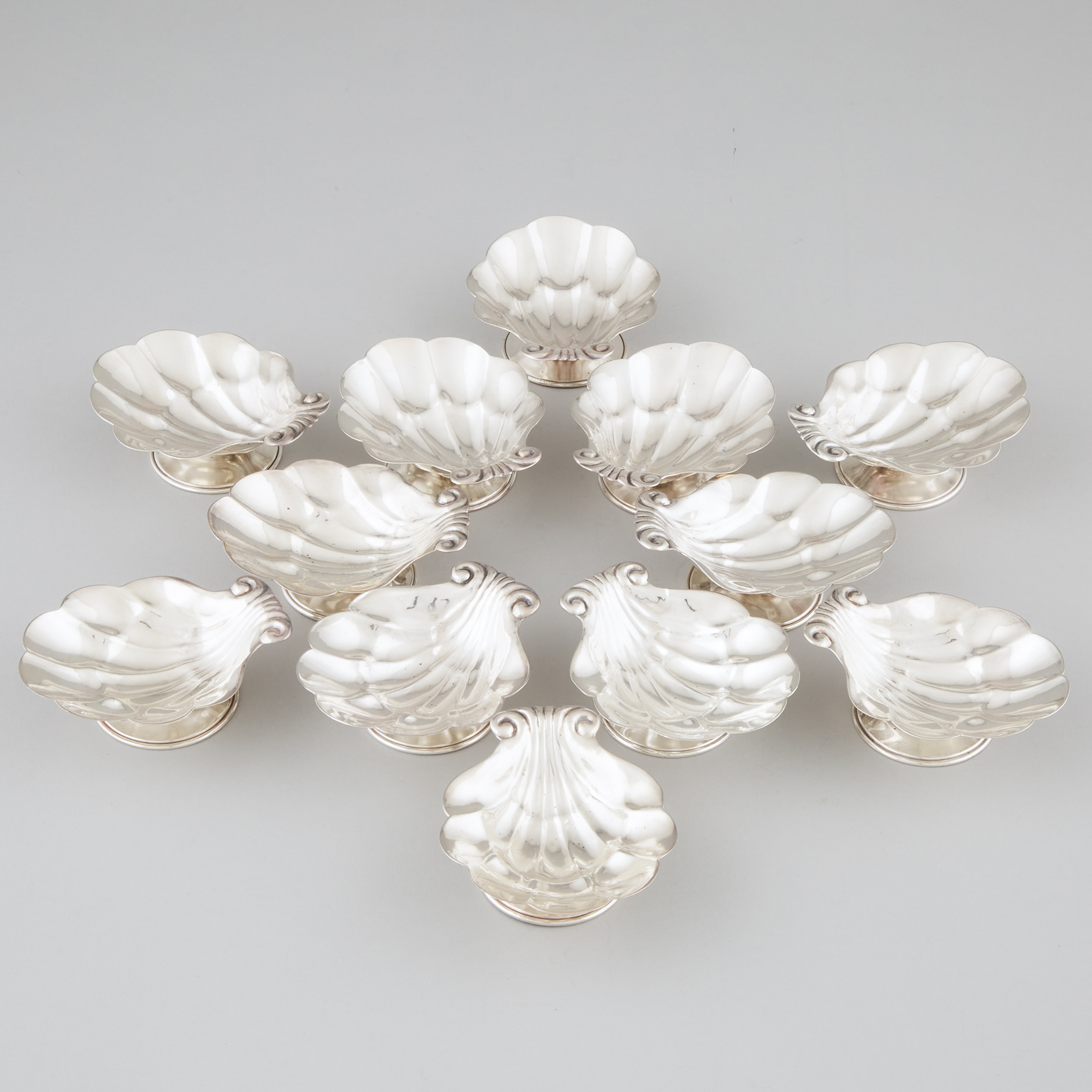 Twelve Canadian Silver Shell Shaped Nut Dishes, Carl Poul Petersen, Montreal, Que., mid-20th century