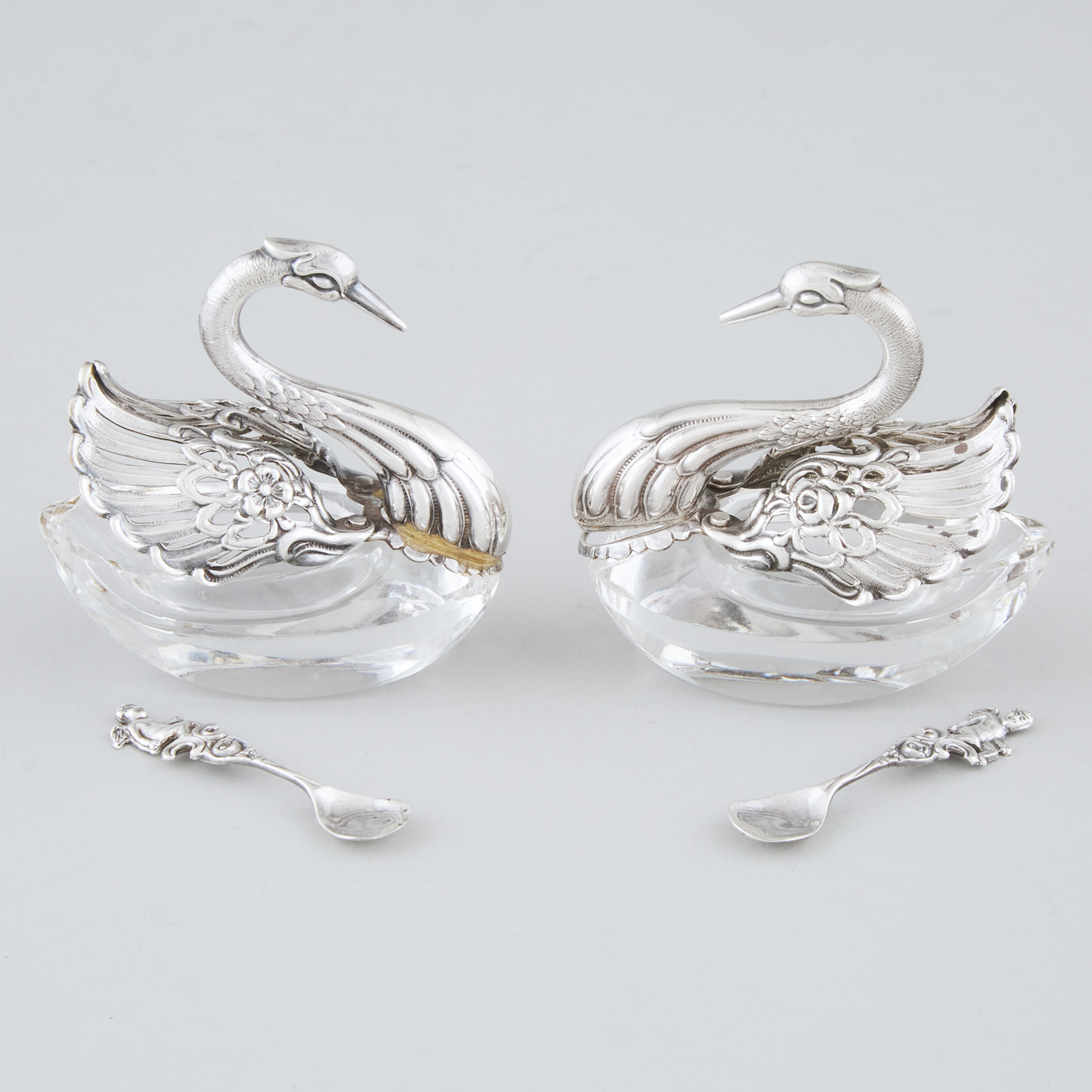 Pair of Continental Silver and Cut Glass Swan Salt Cellars, c.1960