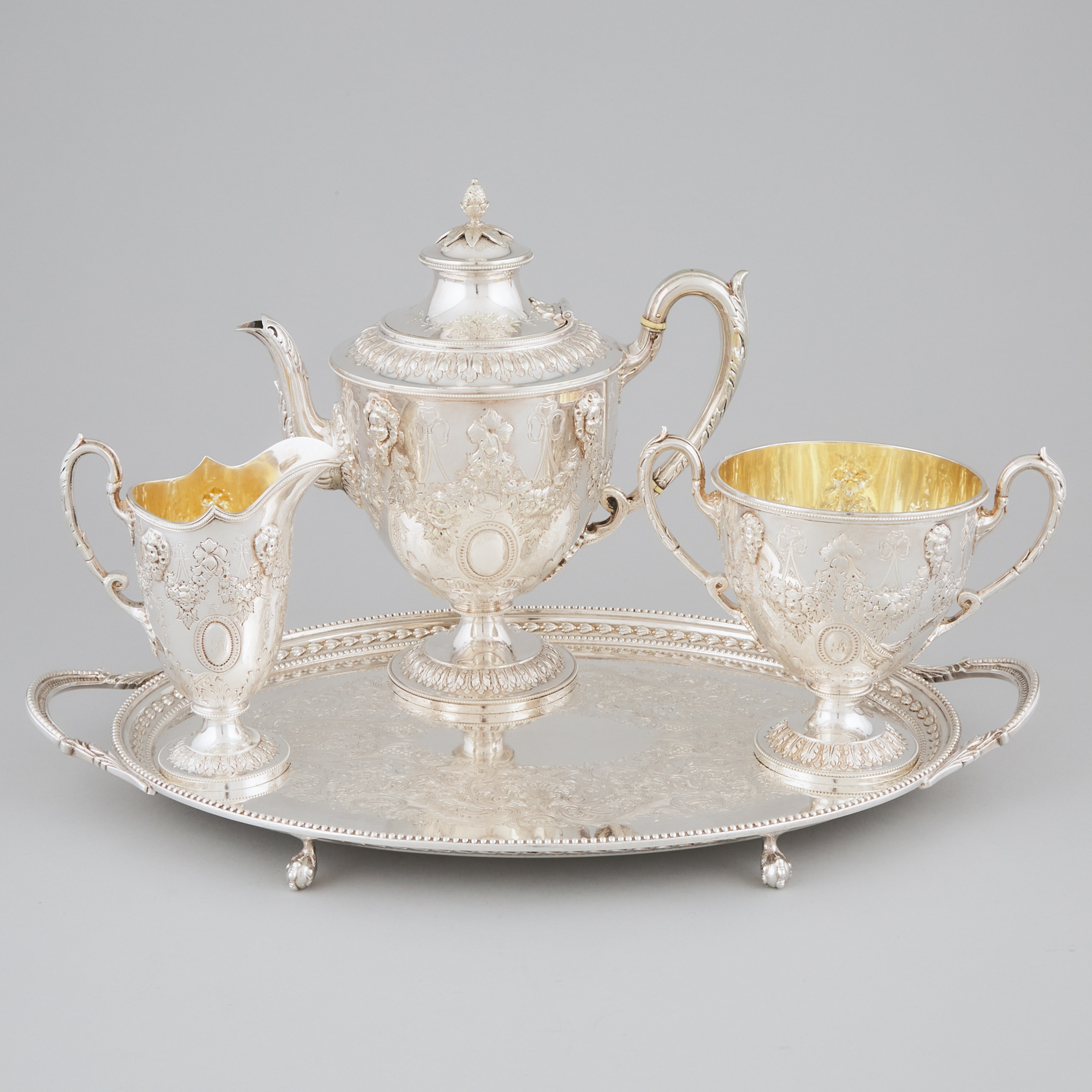 English Silver Plated Tea Service with a Two-Handled Oval Serving Tray, 20th century