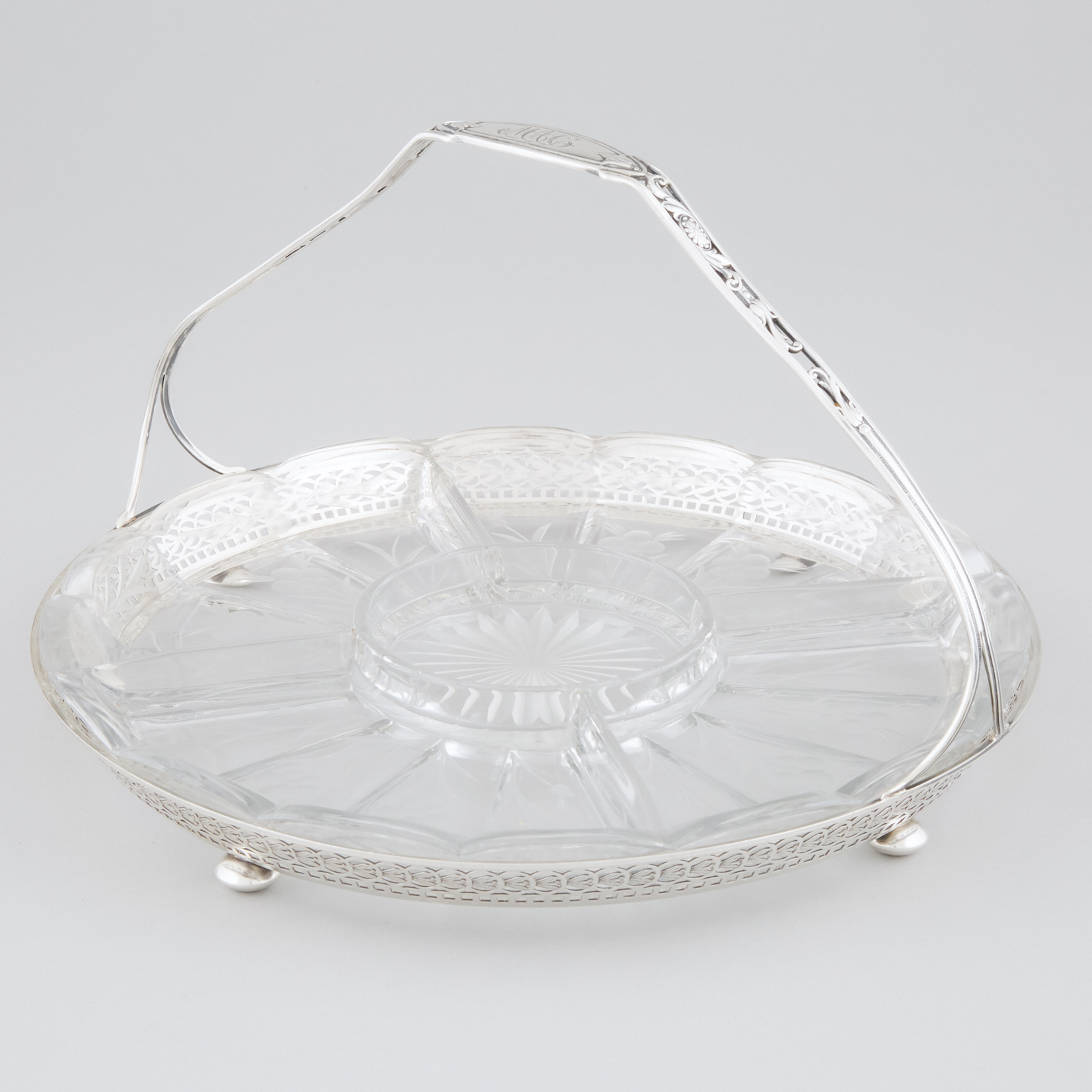 American Silver and Etched Glass Hors D'Oeuvres Basket, Watson Co., Attleboro, Mass., 20th century