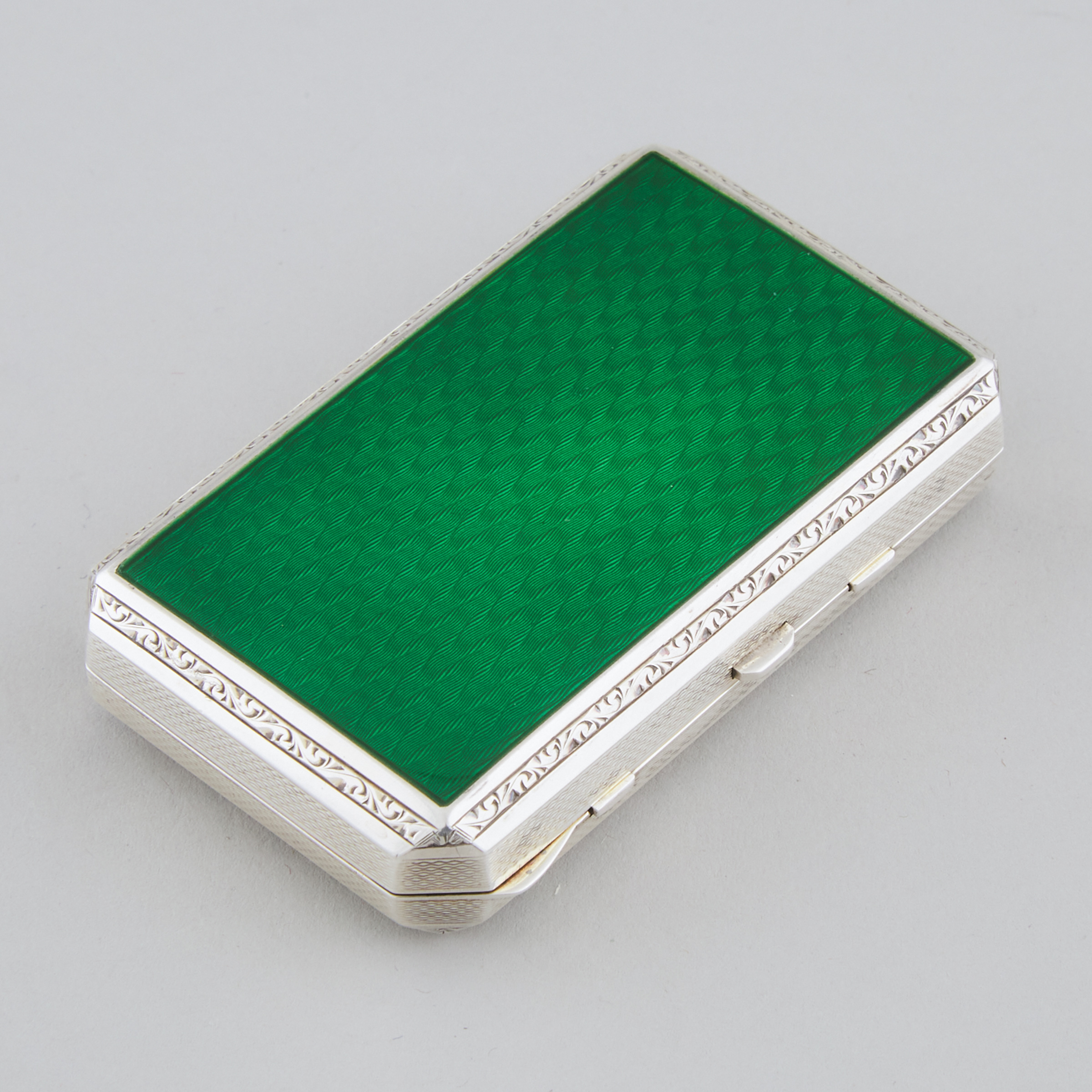 German Silver and Translucent Green Guilloché Enamel Minaudière, 1920s