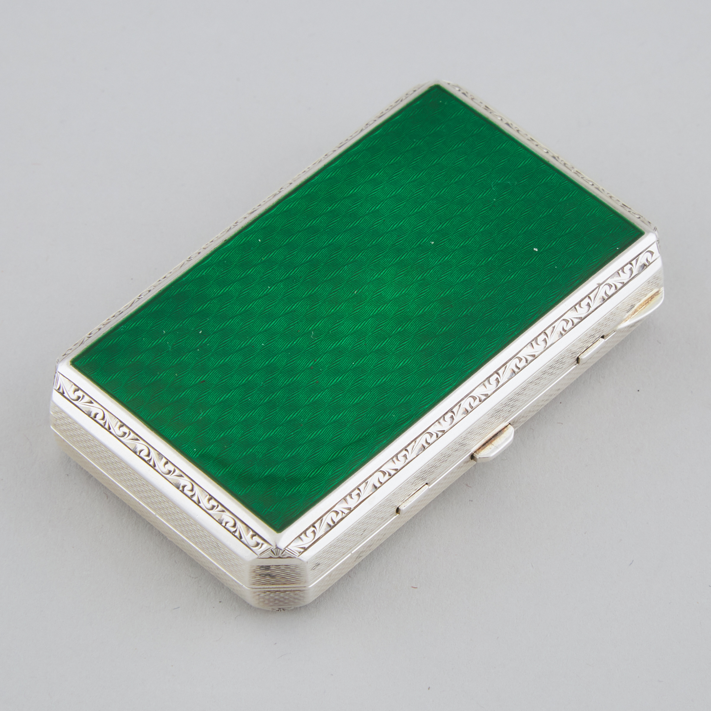 German Silver and Translucent Green Guilloché Enamel Minaudière, 1920s