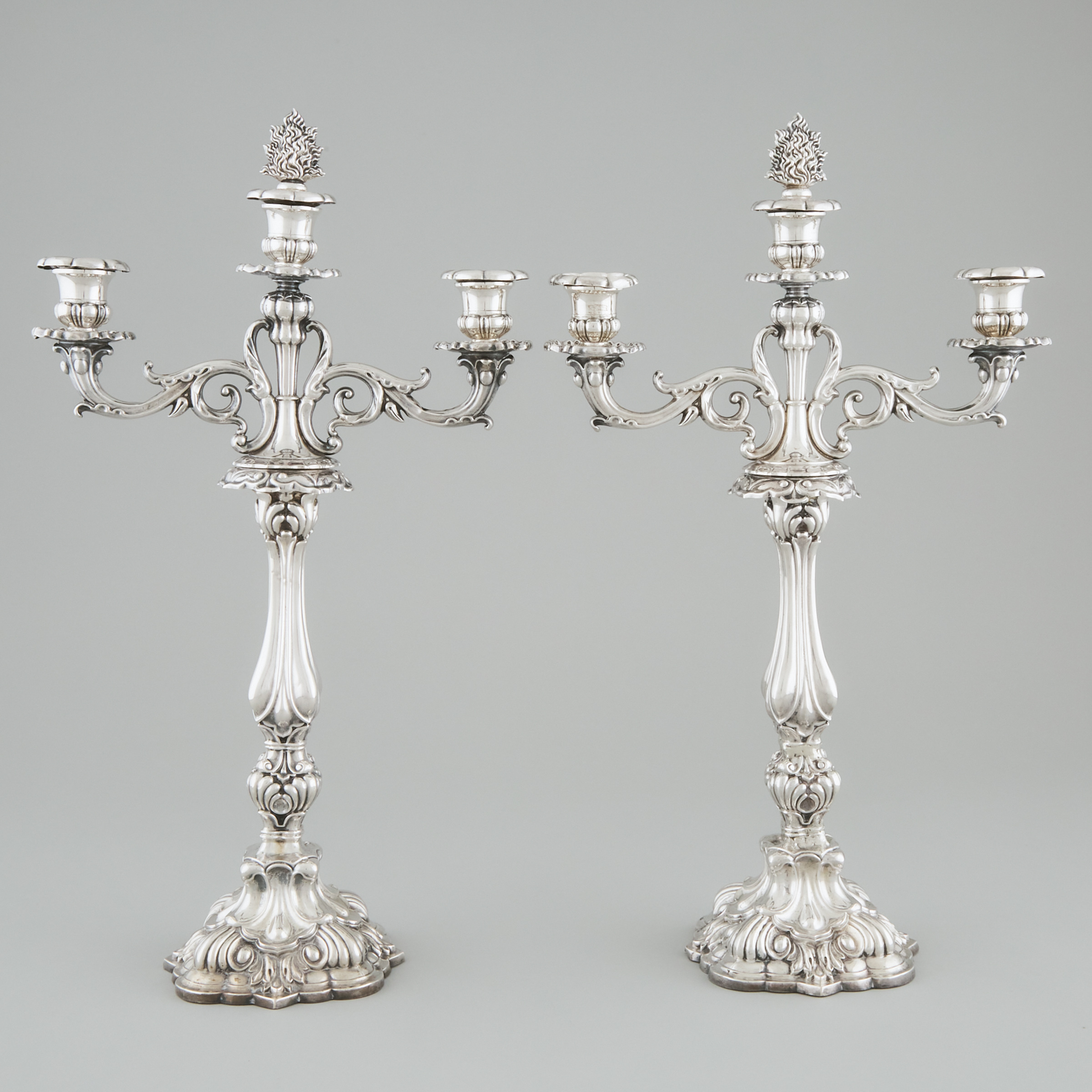 Pair of German Silver Three-Light Candelabra, Meyrhofer, Munich, 1852