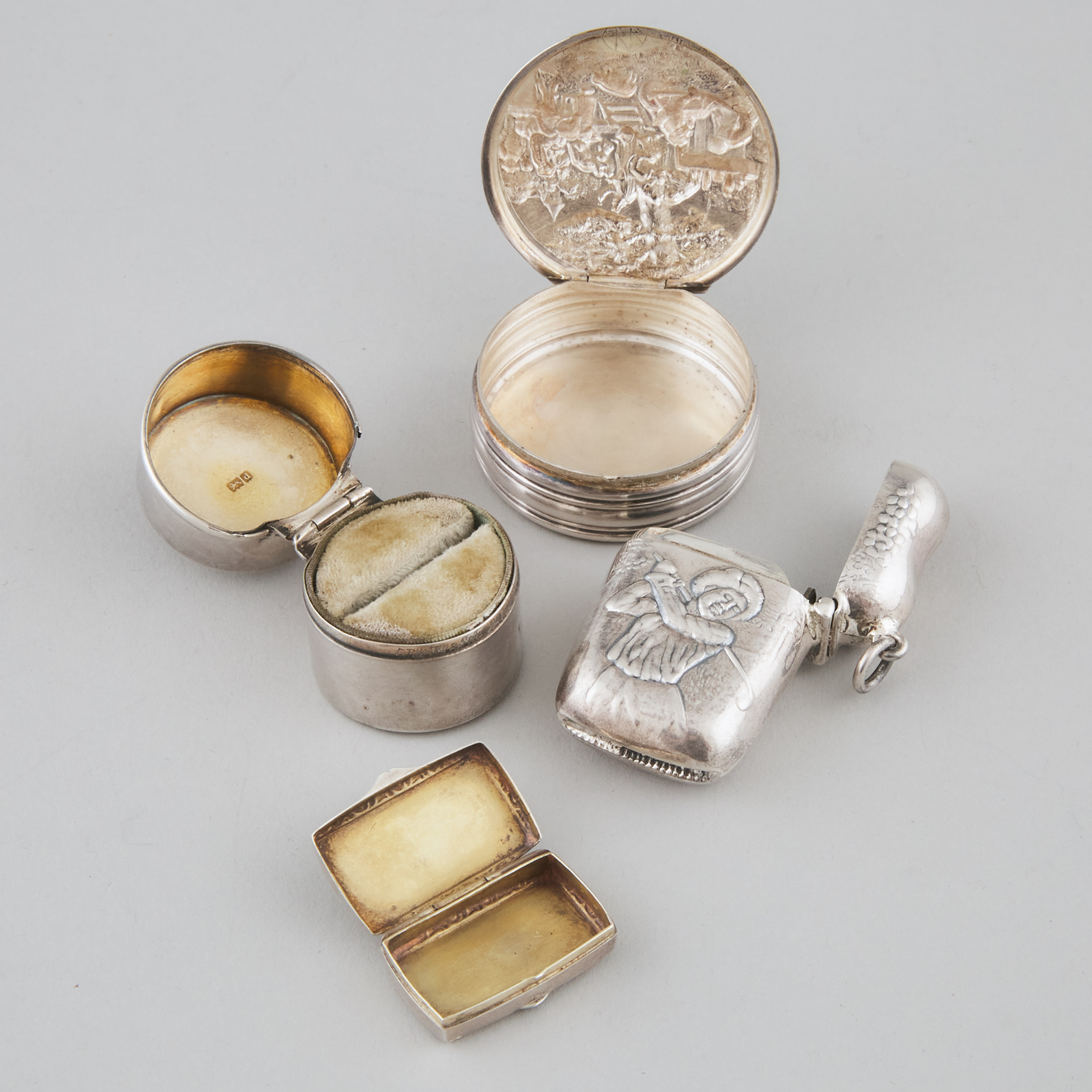 American Silver Lady Golfer Vesta Case, Edwardian Ring Box, Continental Pill Box, and a Danish Silver Plated Circular Box, late 19th/20th century