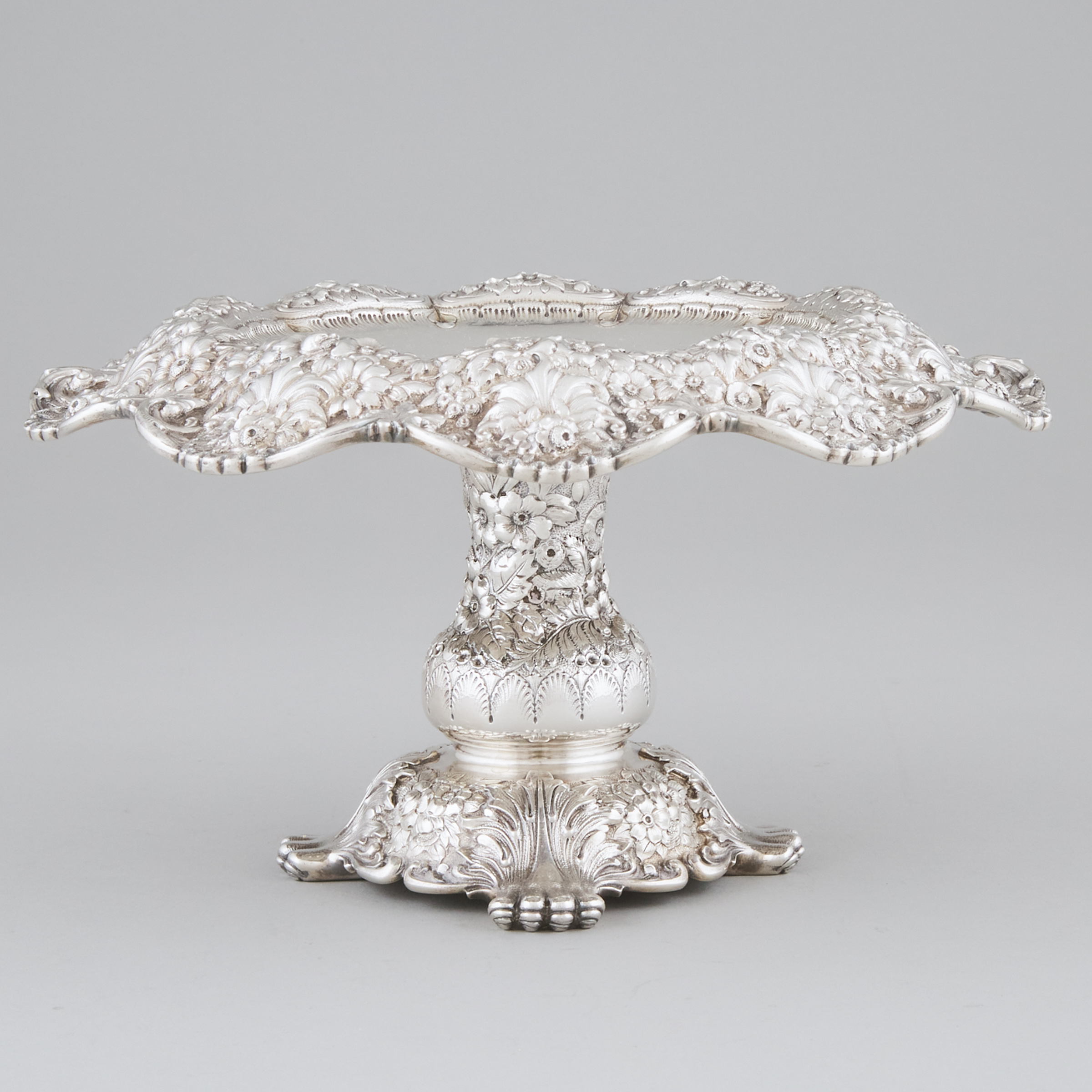 American Silver Repoussé Pedestal Footed Comport, Tiffany & Co., New York, N.Y., c.1875-91