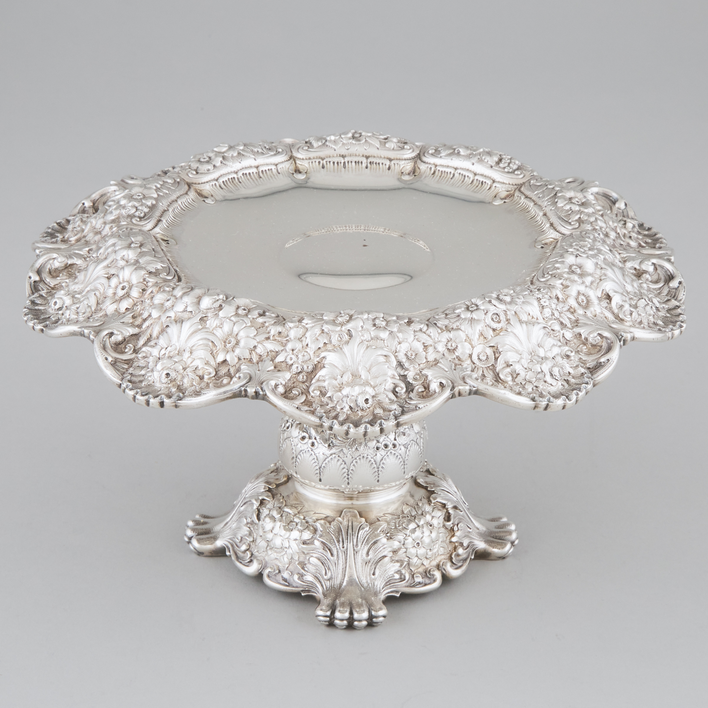 American Silver Repoussé Pedestal Footed Comport, Tiffany & Co., New York, N.Y., c.1875-91