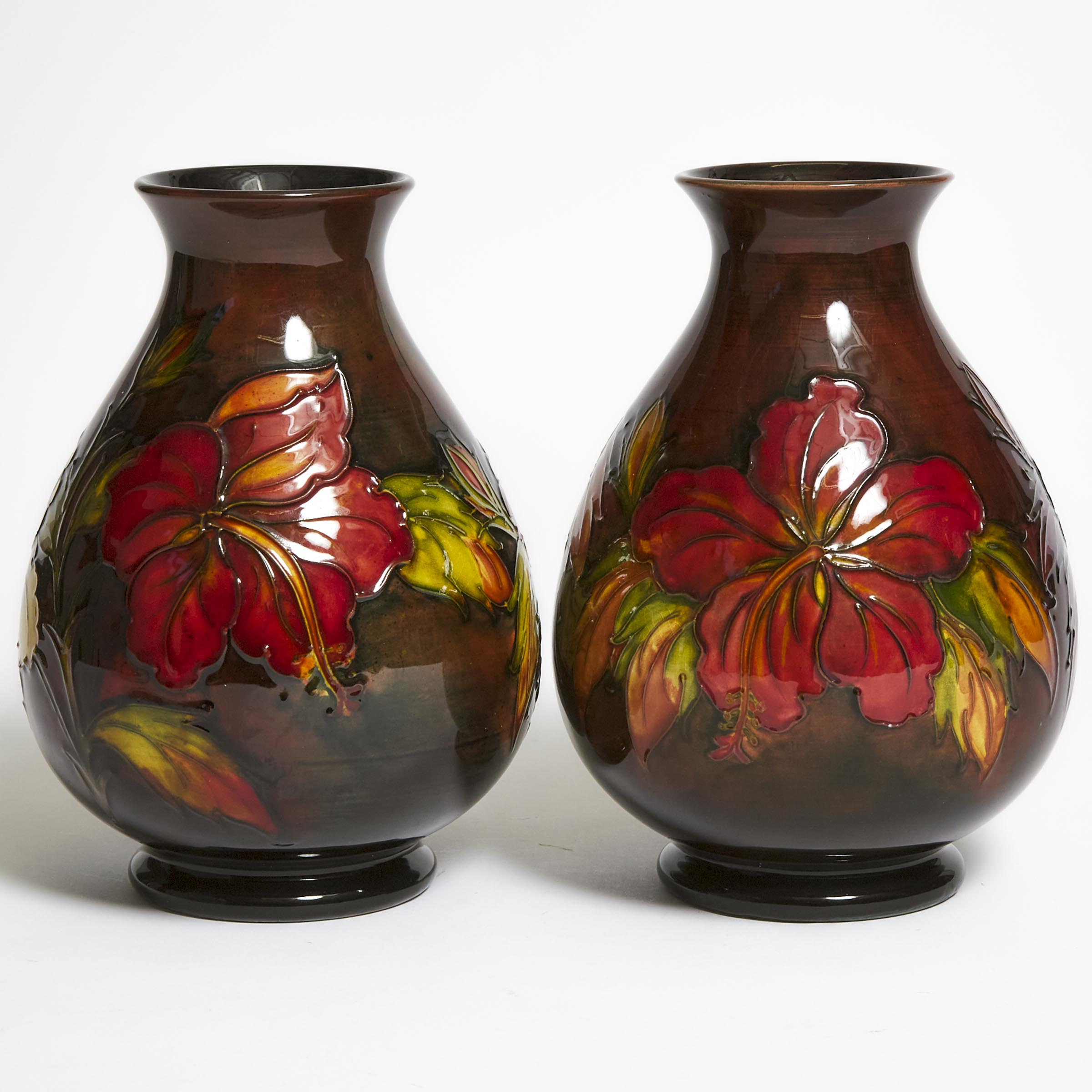 Pair of Moorcroft Flambé Hibiscus Vases, c.1960