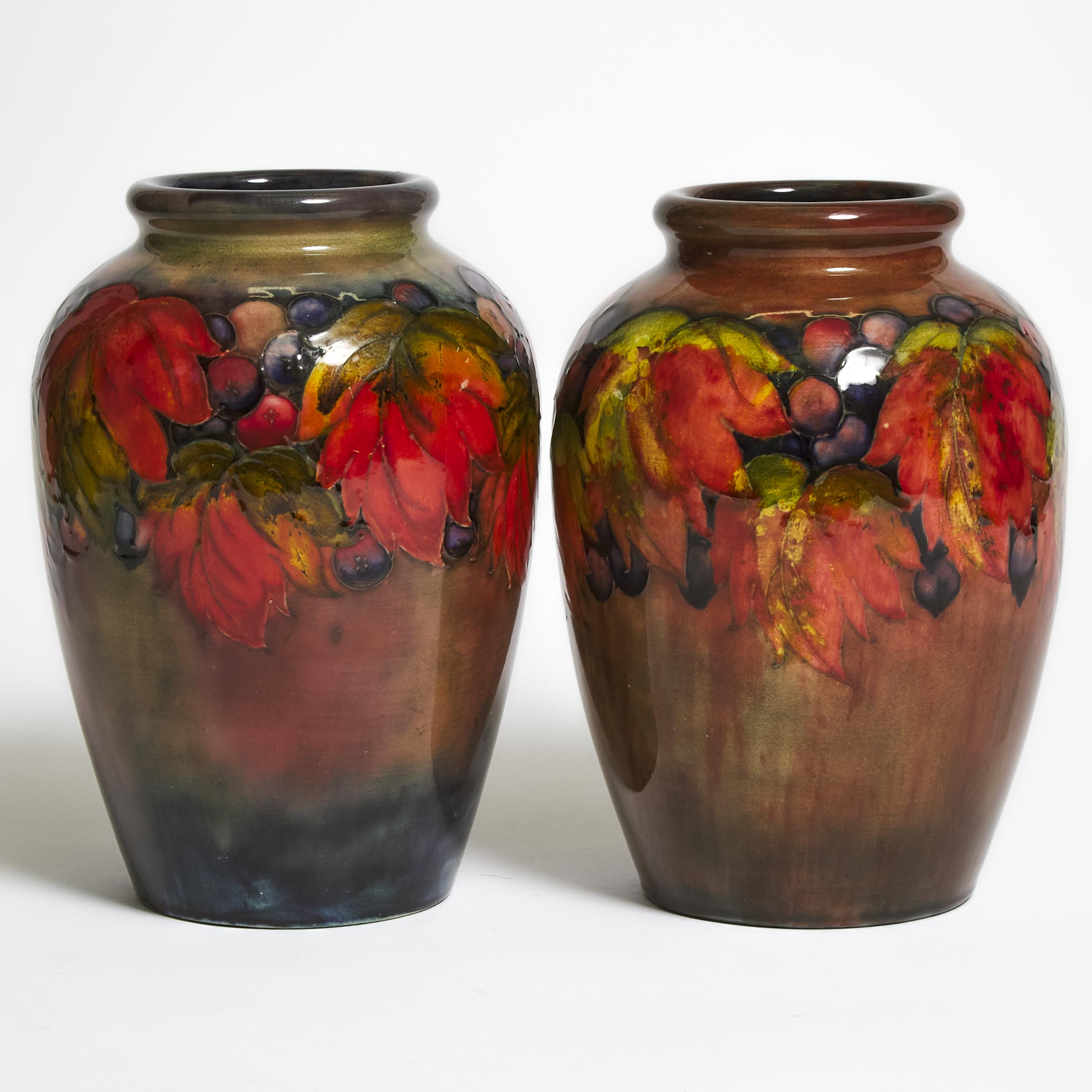 Pair of Moorcroft Flambé Grape and Leaf Vases, 1930s