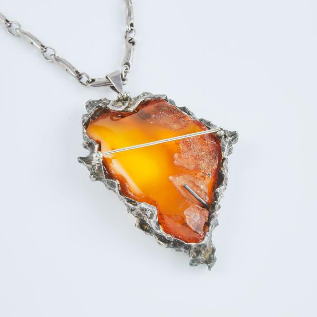 Amber And Silver Pendant/Brooch