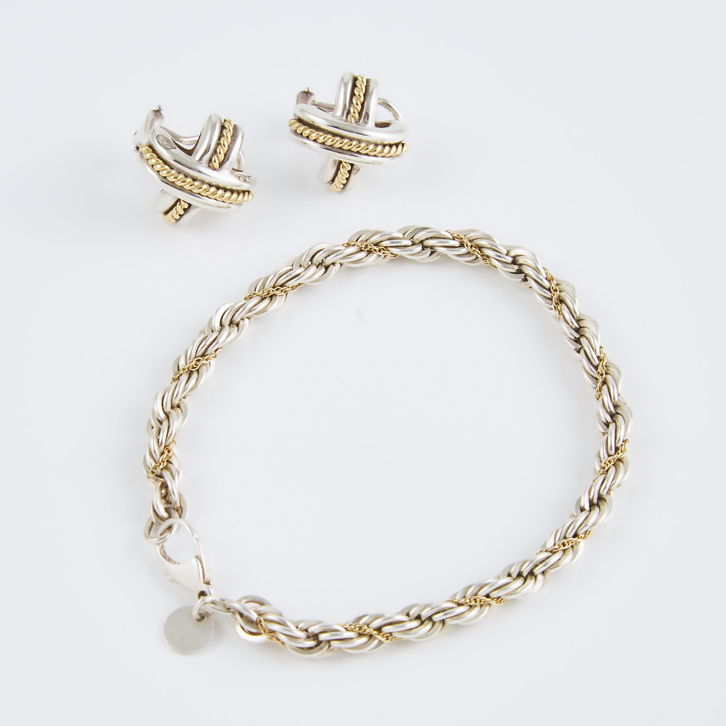 Tiffany & Co. Sterling Silver And 18k Yellow Gold Earrings And Rope Bracelet