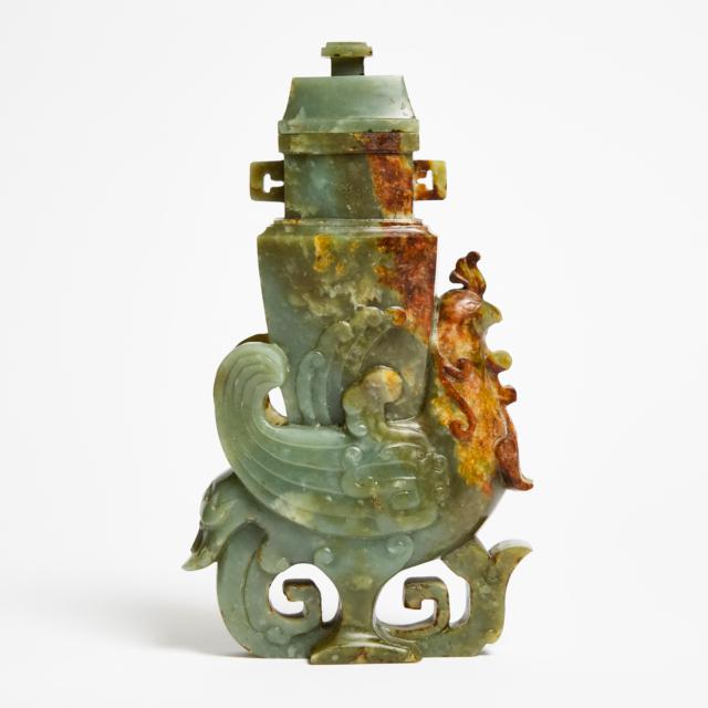 A Celadon Jade 'Phoenix' Vase and Cover, Republican Period, Early 20th Century