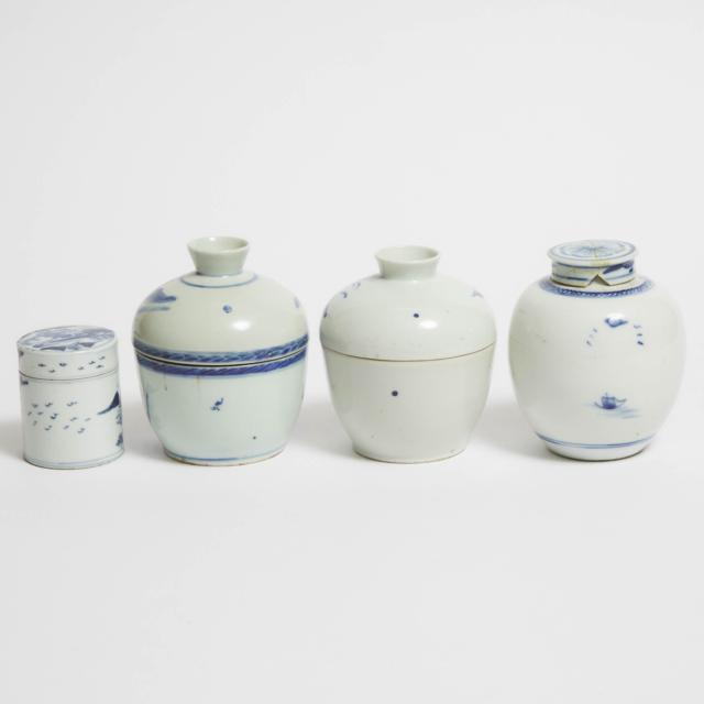 A Group of Four Blue and White Vessels, Qing Dynasty, 19th Century