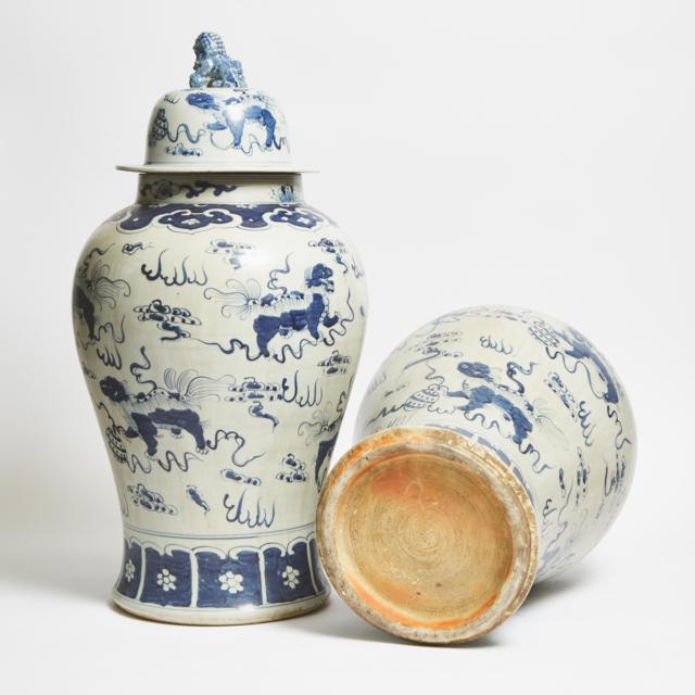 A Pair of Large Ming-Style Blue and White 'Buddhist Lion' Vases and Covers, First Half of 20th Century