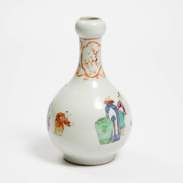 A Chinese Export Famille Rose 'Figural' Garlic-Mouth Vase, Qianlong Period (1736-1795)