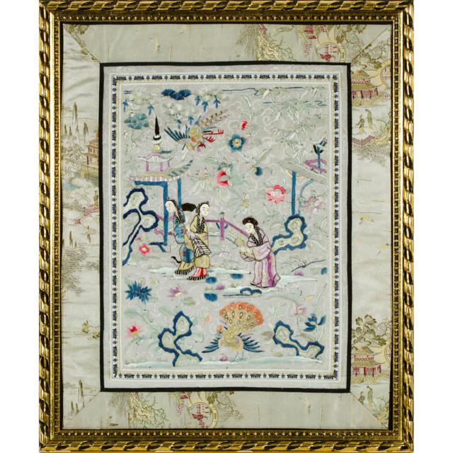 A Group of Twelve Framed Chinese Embroideries, Late Qing/Republican Period