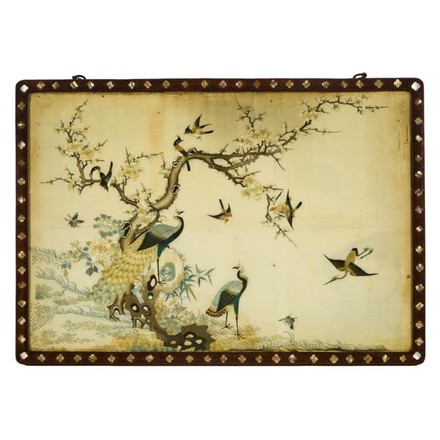 A Pair of Silk Embroidered 'Birds and Flowers' Panels With Mother-of-Pearl Inlaid Frames, Late Qing Dynasty