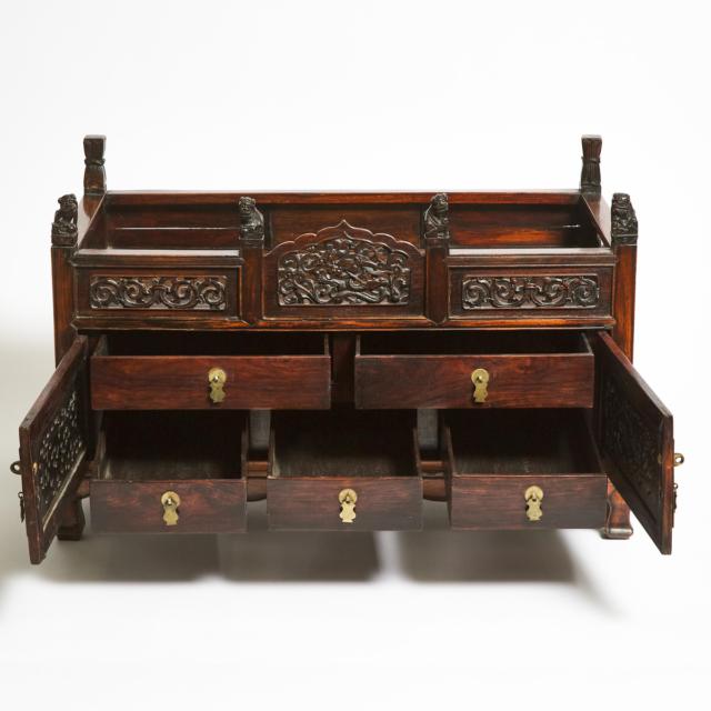 A Large Huanghuali Reticulated 'Dragon' Table Top Dressing Case, 18th Century