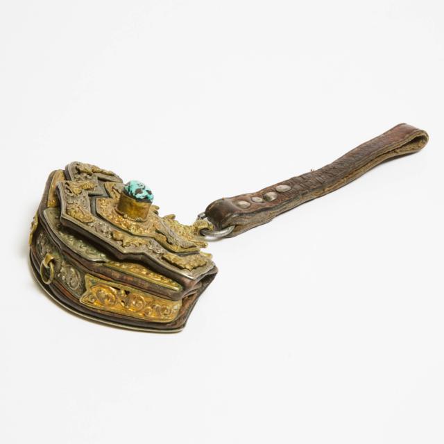 A Tibetan Silver and Gilt Bronze-Fitted Leather Flint Pouch, 18th/19th Century