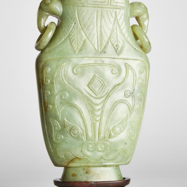 A Celadon Jade Vase and Cover With Ring Handles, 19th Century