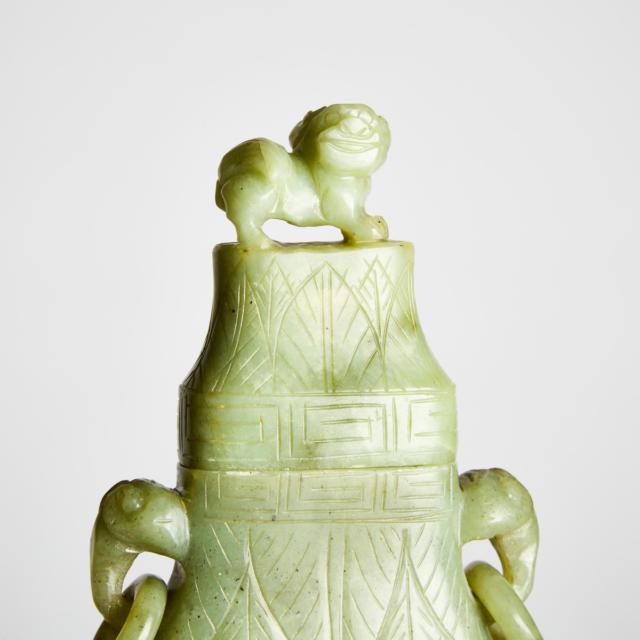 A Celadon Jade Vase and Cover With Ring Handles, 19th Century