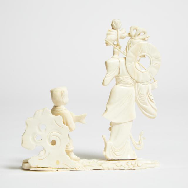 An Ivory Carving of He Xiangu and a Boy Holding a Carp, Republican Period (1912-1949)