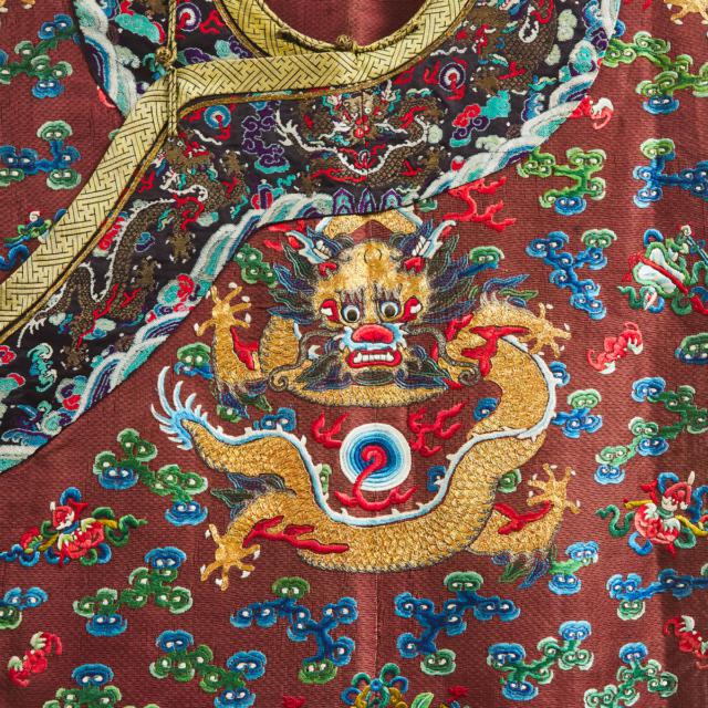 A Princely Chestnut-Brown Gold-Thread Embroidered Gauze Dragon Robe, Jifu, 19th Century