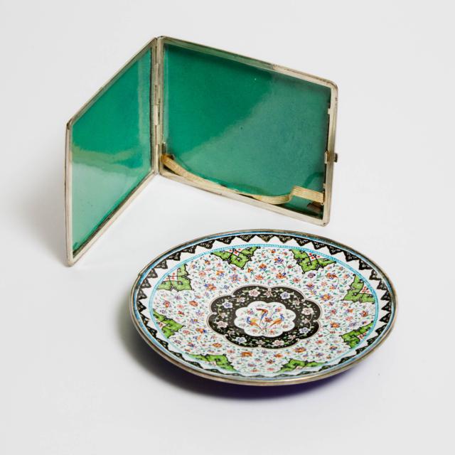 A Persian Cloisonné Enamel Card Case and Circular Dish, Signed Sanei Zadeh, 20th Century