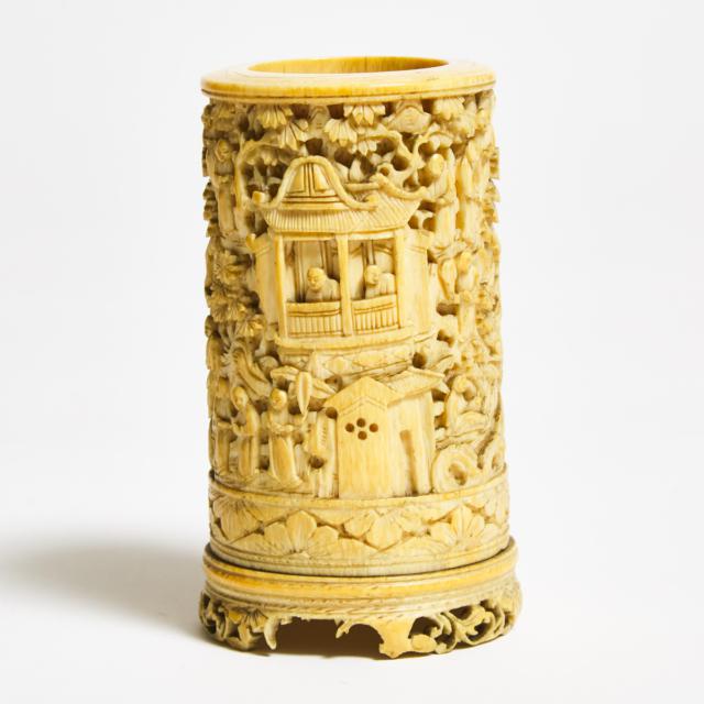 A Canton Carved Ivory 'Figural Landscape' Brush Pot, 19th Century