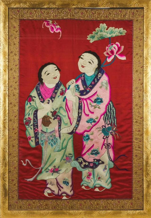 A Large Chinese Silk Embroidery of the Hehe Erxian Twins, Late Qing Dynasty