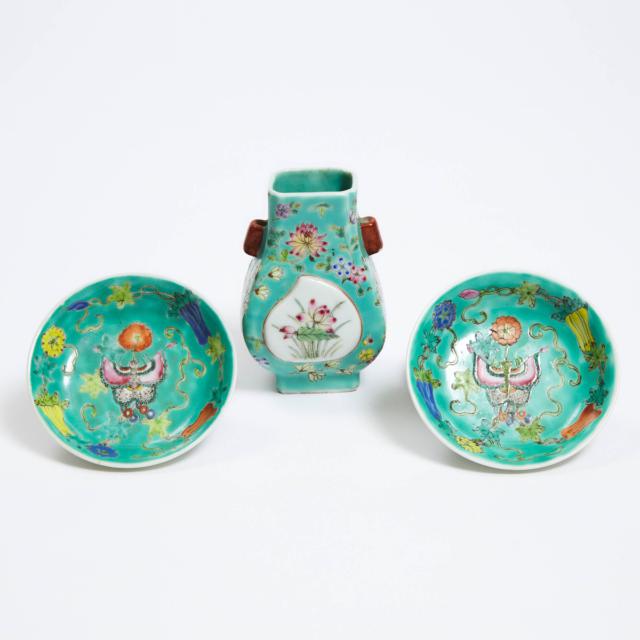 Two Small Turquoise Ground Dishes, Together With a Hu-Form Vase, Late Qing Dynasty