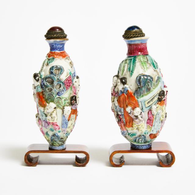 Two Moulded Famille Rose 'Figural' Snuff Bottles, Qianlong Mark, Guangxu Period (1875-1908)