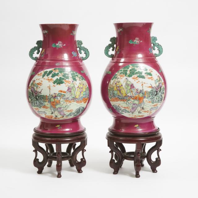 A Pair of Pink-Ground Famille Rose 'Journey to the West' Floor Vases, Republican Period (1912-1949)