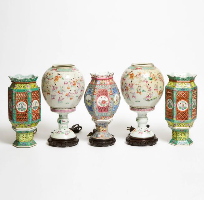 A Group of Five Famille Rose Porcelain Lanterns, Late Qing/Republican Period