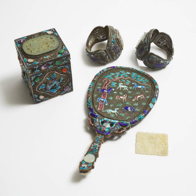 A Group of Five Jade and Silver Filigree Objects, Late Qing Dynasty