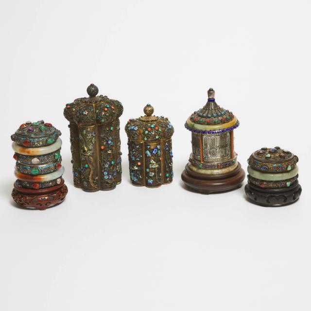 A Group of Five Jade-Mounted and Silver Filigree Containers, Late Qing/Republican Period