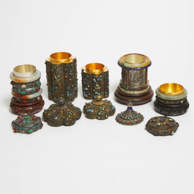 A Group of Five Jade-Mounted and Silver Filigree Containers, Late Qing/Republican Period