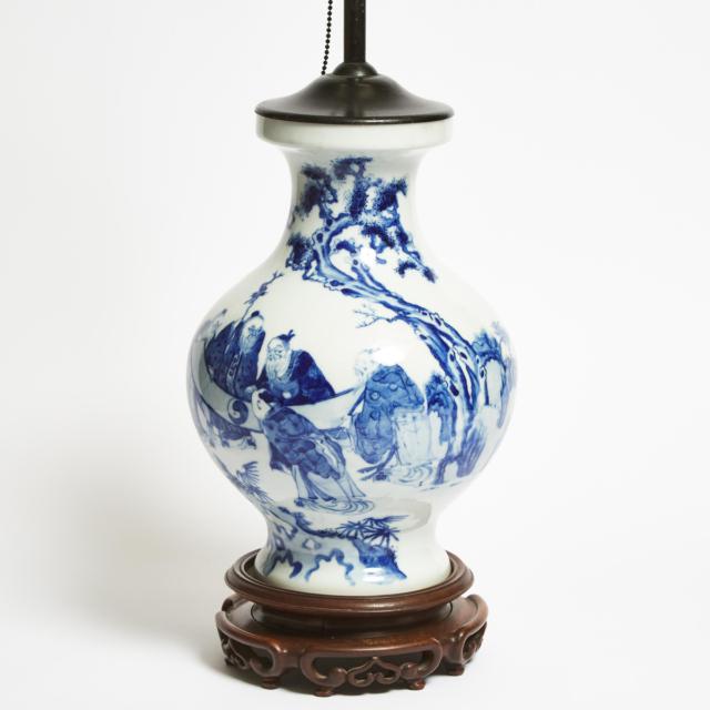 A Blue and White 'Daoist Figures' Vase Lamp, 19th Century