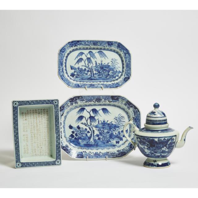 A Group of Four Blue and White Platters, Teapot, and Daffodil Basin, 18th/19th Century
