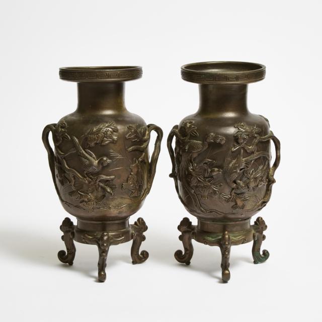 A Pair of Japanese Bronze 'Birds and Flowers' Vases, Meiji Period (1868-1912)