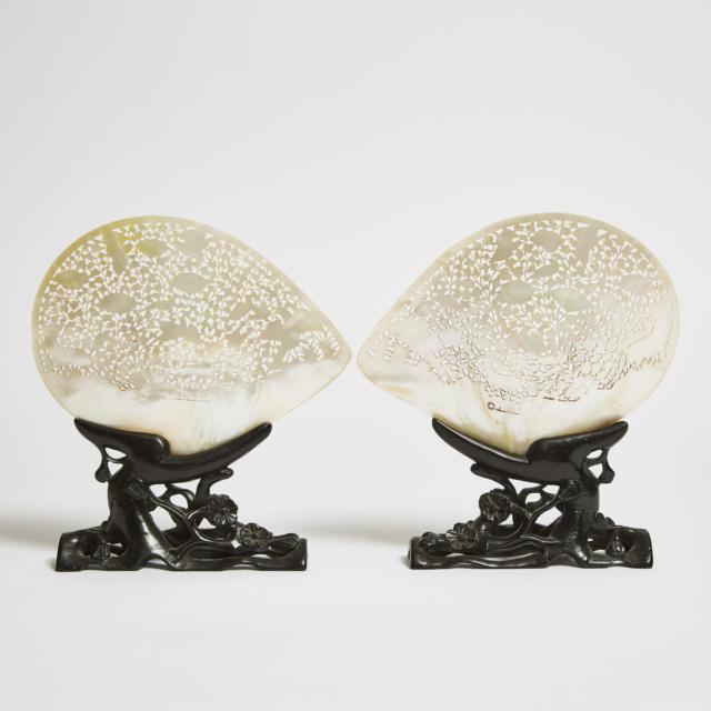 A Pair of Chinese Carved Mother-of-Pearl Shells, Mid 20th Century