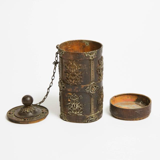A Tibetan Cylindrical Vessel With Eight Silver 'Buddhist Emblems' Appliqués, 19th Century