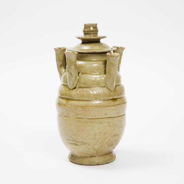 A Longquan/Yue Celadon Five-Spouted Jar and Cover, Five Dynasties/Northern Song Dynasty, 10th-12th Century