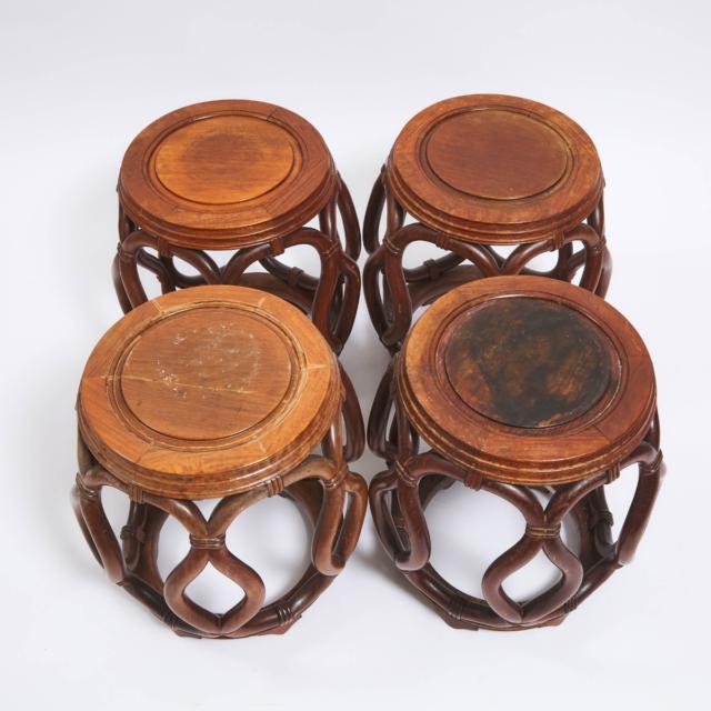 A Set of Four Chinese Ming-Style Hardwood Barrel Stools, Republican Period (1912-1949)