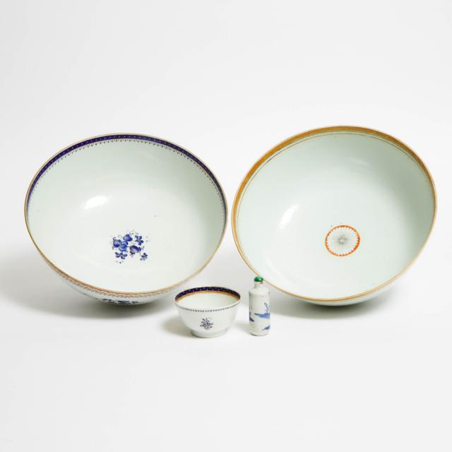 Two Chinese Export Porcelain Punch Bowls and Cup, Qianlong Period (1736-1795), Together With a Snuff Bottle