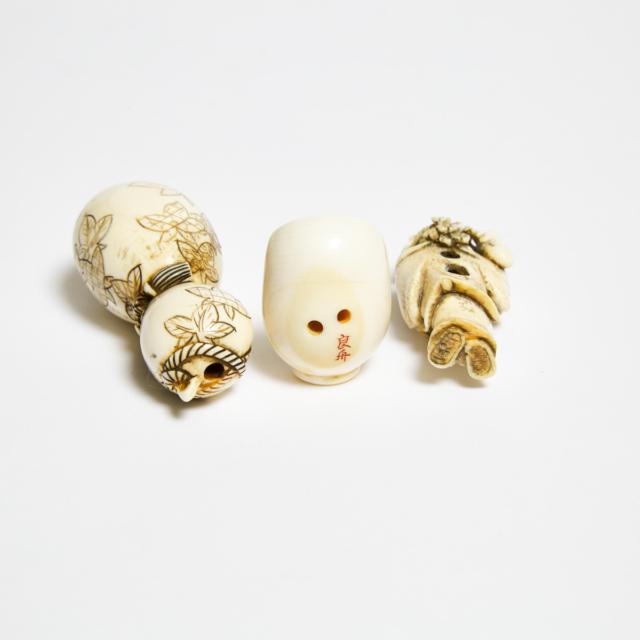 An Ivory Trick Netsuke of 'Eye-Popping' Daruma, Signed Ryoshu (b. 1912), Together With a Figural and a Double Gourd Netsuke, Early to Mid 20th Century