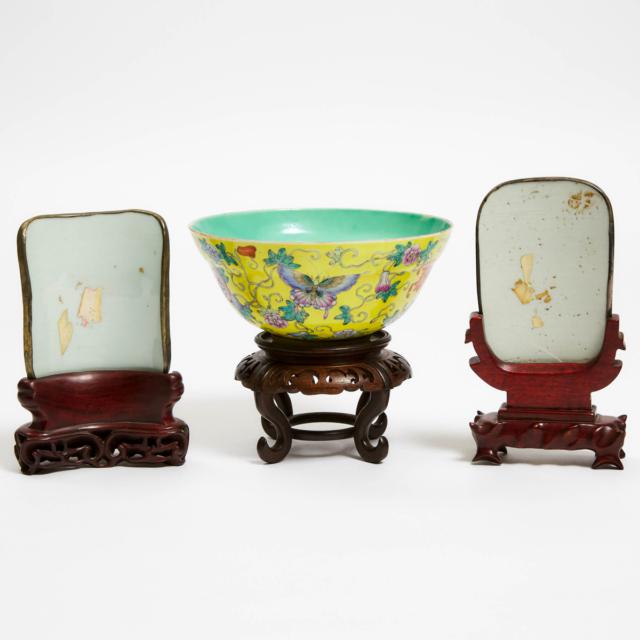 A Yellow-Ground Famille Rose Bowl, Together With Two Silver-Mounted Famille Rose Fragments, Qing Dynasty