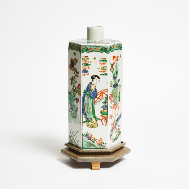 A Kangxi-Style Famille Verte Hexagonal Bottle Vase, 19th Century