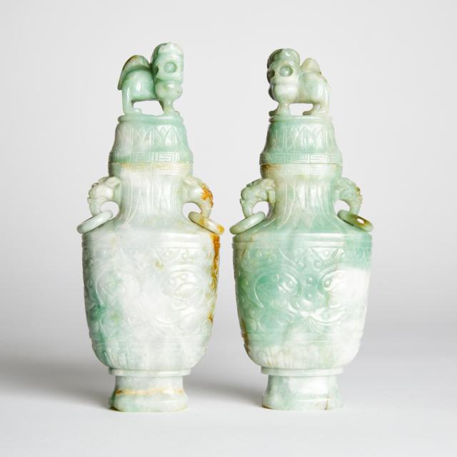 A Pair of Jadeite Vases and Covers, 19th Century